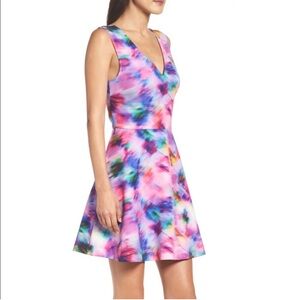 V-Neck Pink Multicolor Floral A-Line Mini Dress